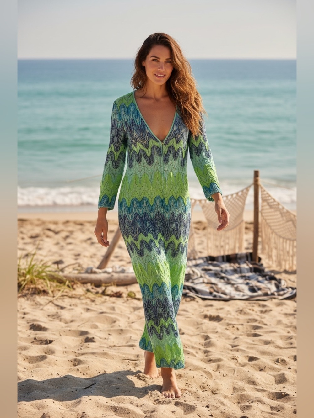 Lilly Pulitzer Green and Blue Wave-Print V-Neck Maxi Dress